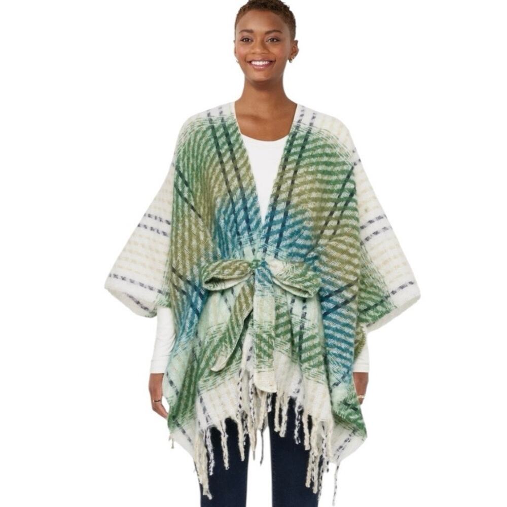 Lauren Conrad Sweater Belted Wrap Shawl Cream Blue Green Plaid Women’s Size OS